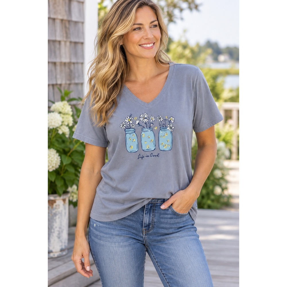 Life is Good Crusher Tee Womens Large Blue Mason Jar Daisy V-Neck T-Shirt
